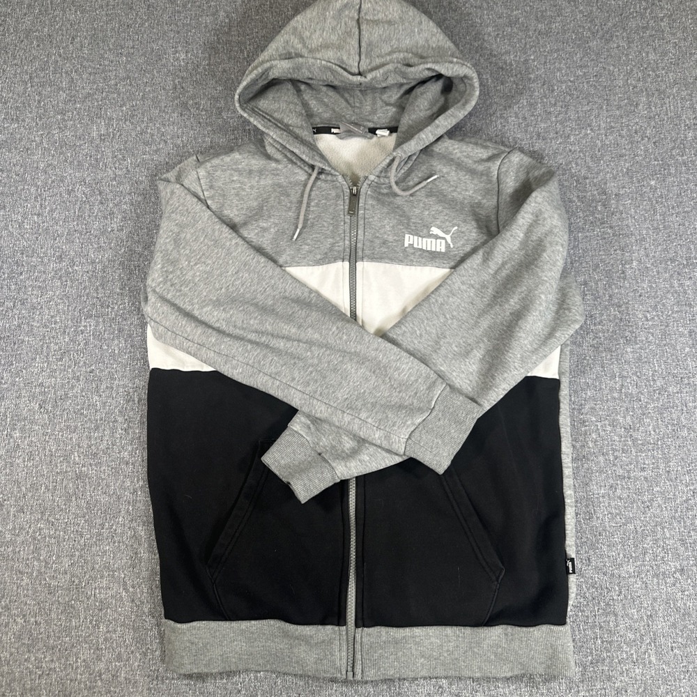 Puma Hoodie Zip Up Unisex M Gray Black Colorblock Sweatshirt Logo - Picture 2 of 8